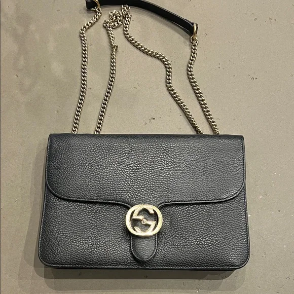 Gucci Black Leather Shoulder Bag with champagne color chain. - Picture 2 of 5